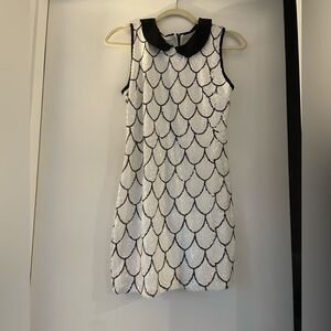 Sleeveless Sequin Scallop Dress with Peter Pan Collar - Black & White